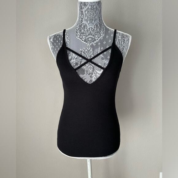 FOREVER 21 Womens Black  V-neck Front and Back Strappy Ribbed Tank Top Size XS - Picture 1 of 2
